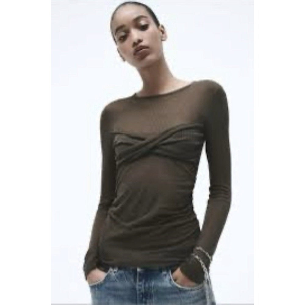Zara Ruched Ribbed Long Sleeve Top – Brown Women's M Sheer NWT